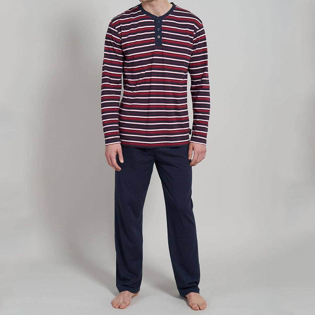 Ceceba Herren Schlafanzug Pyjama lang Rundhals Knöpfe | 1 Stück | 30946 48 Navy-rot-weiss Gestreift,