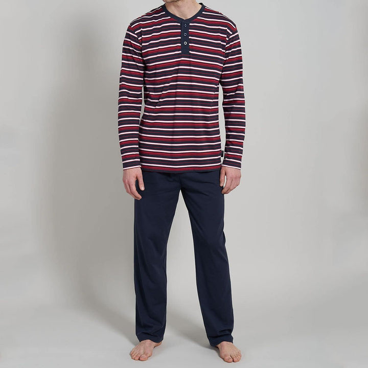 Ceceba Herren Schlafanzug Pyjama lang Rundhals Knöpfe | 1 Stück | 30946 48 Navy-rot-weiss Gestreift,