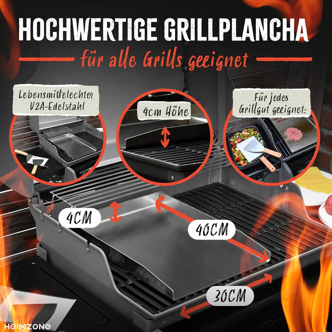 HEIMZONE® Plancha Grillplatte 40x30cm [NEUE VARIANTE 2026] - Edelstahl-Platte mit auslaufsicheren Ec