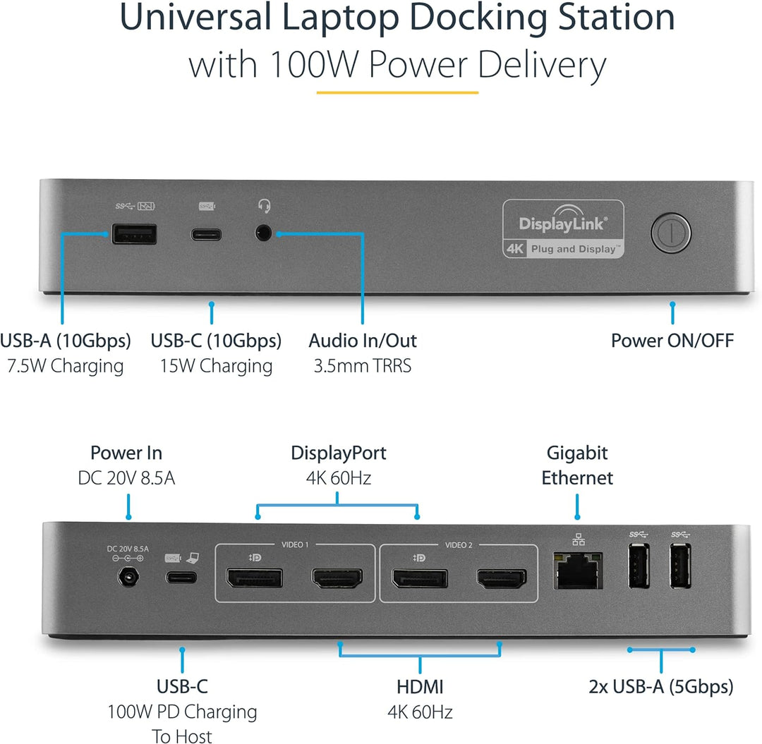 StarTech.com Dockingstation (USB-C & USB-A Dock, Universal, Dual 4K, Mac Windows & Chrome OS)