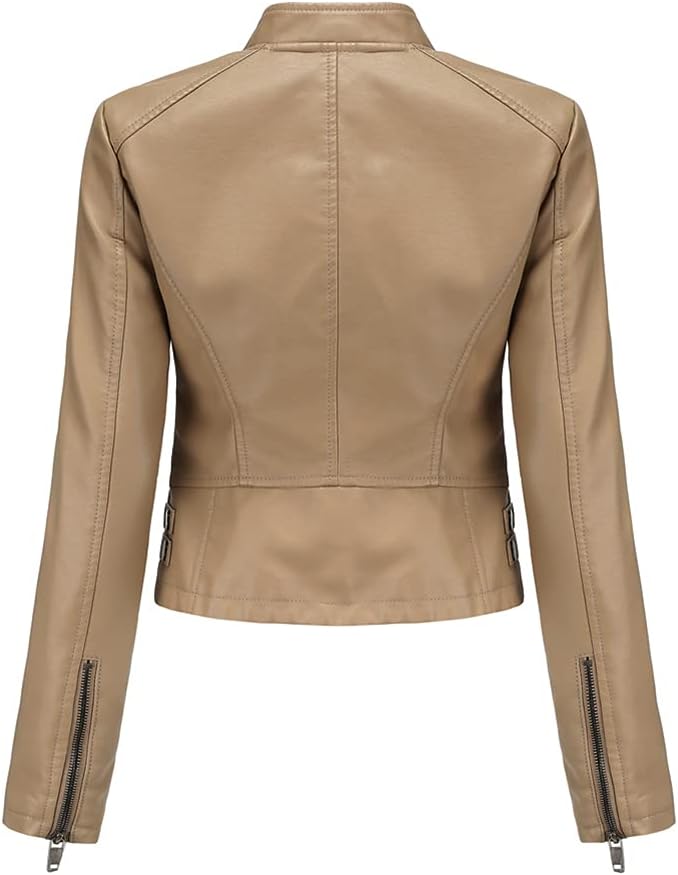 YYNUDA Damen Lederjacke Kurz Bikerjacke Stehkragen Reissverschluss Leder Jacke Übergangsjacke für He