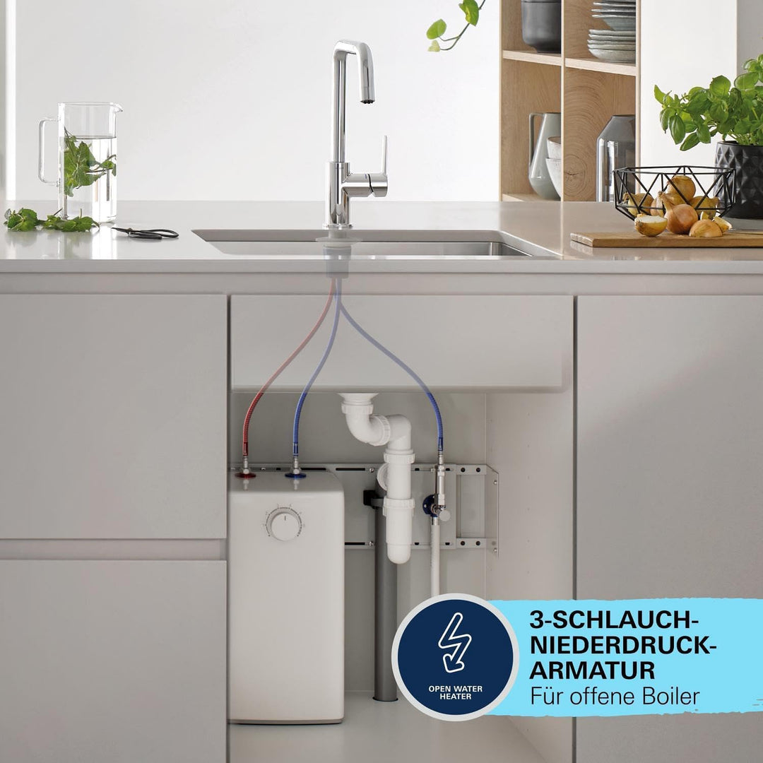 GROHE Start, Niederdruck Küchenarmatur mit hohem Auslauf (Wasserhahn Küche für offene Warmwasserbere