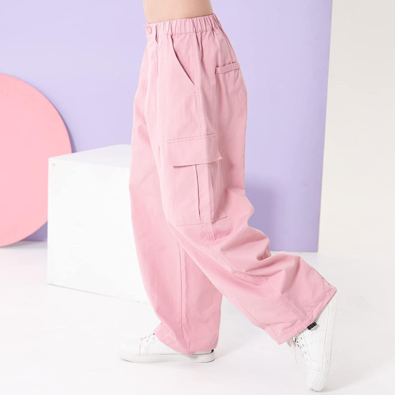 Rolanko Mädchen Cargohose, Baumwoll Baggy Hose mit Elastischer Taille und Mehreren Taschen für Kinde
