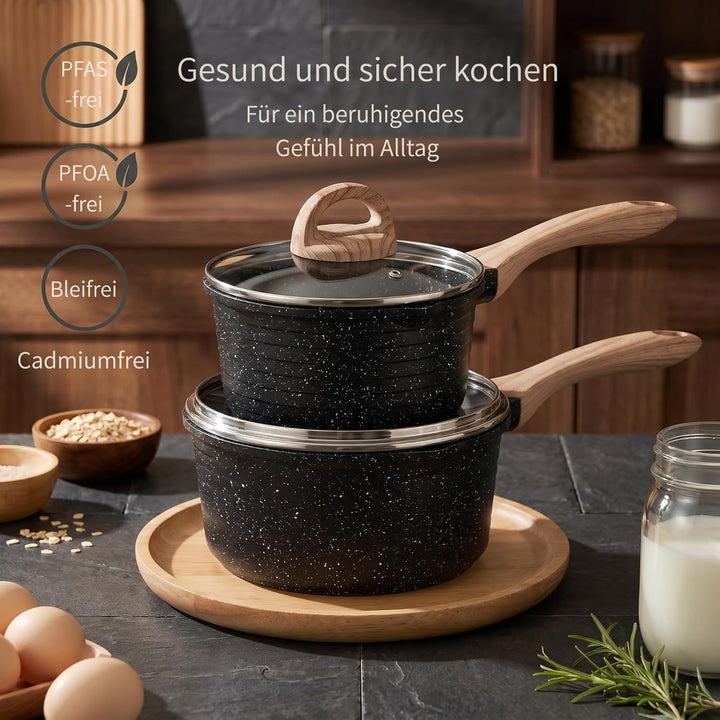 JEETEE Kochtopf 16 cm, 1.5L Kochtöpfe mit Deckel, Milchtopf Mit Hitzebeständigem Griff und Ausguss,