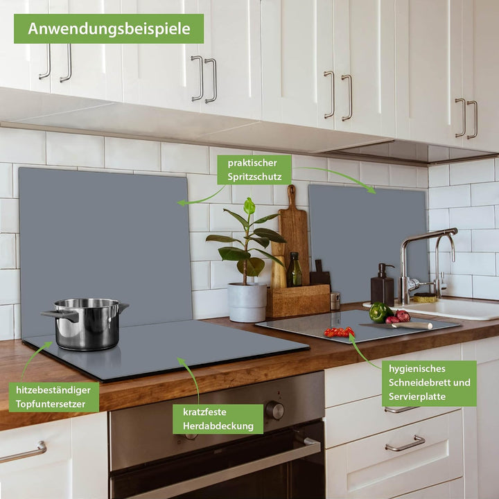 banjado® Herdabdeckplatte Glas 1-teilig 60x52 cm/Schneidebrett Herdabdeckung mit Motiv Silber Metall
