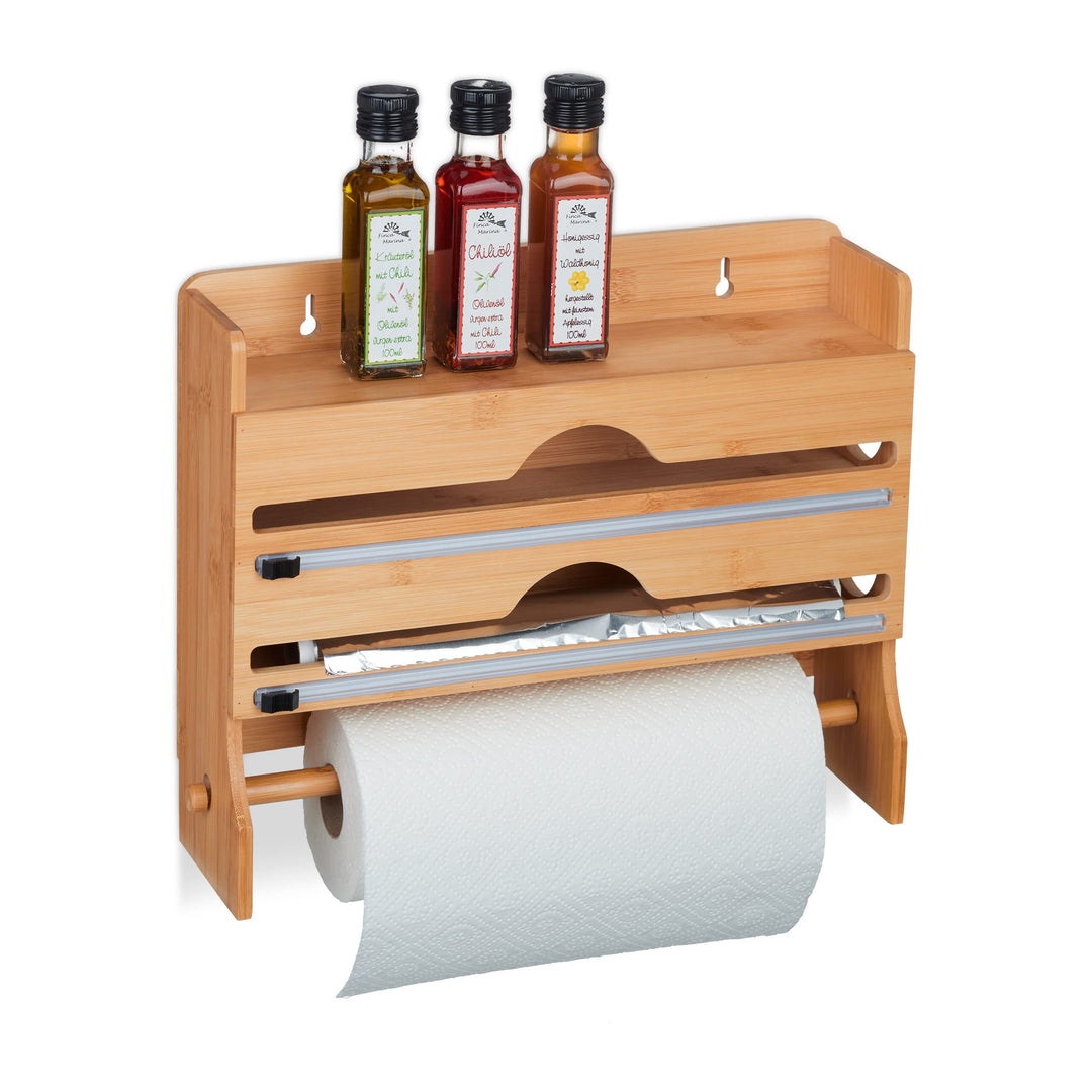 Relaxdays Wandrollenhalter 3 in 1, für Alufolie, Frischhaltefolie, Küchenrolle, Bambus, HxBxT: 31 x