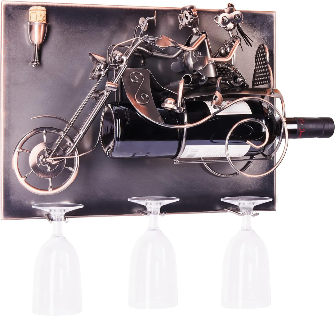 BRUBAKER Weinflaschenhalter Paar auf einem Motorrad - Wall Art Bild Metall - mit 3 Glashaltern - ink