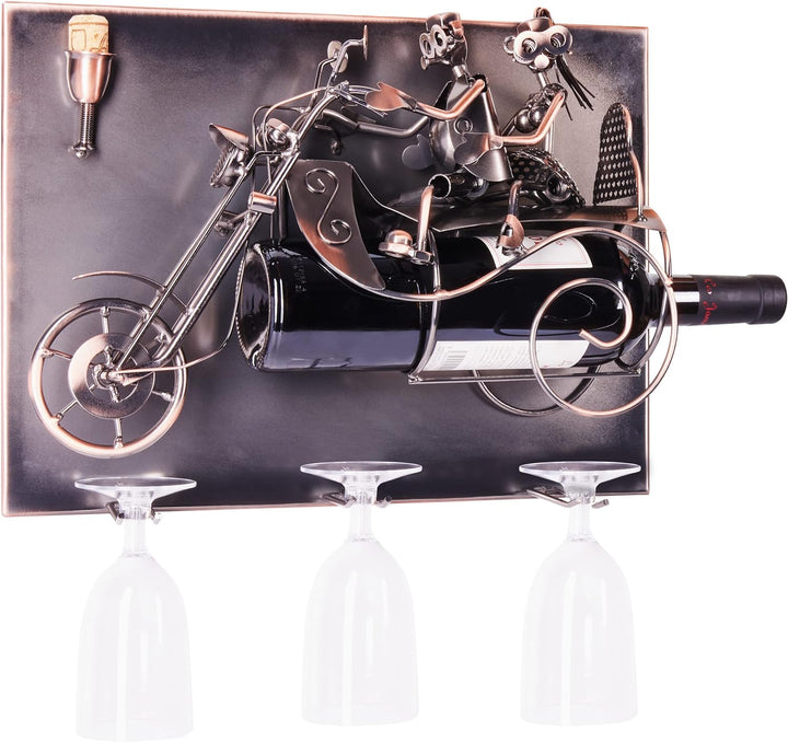 BRUBAKER Weinflaschenhalter Paar auf einem Motorrad - Wall Art Bild Metall - mit 3 Glashaltern - ink