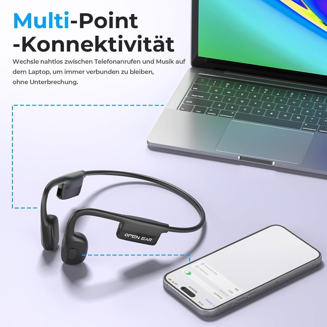 Knochenschall Kopfhörer, Open Ear Kopfhörer Bluetooth 5.3 mit Dual-Mikrofon, 8Stunden Akkulaufzeit,