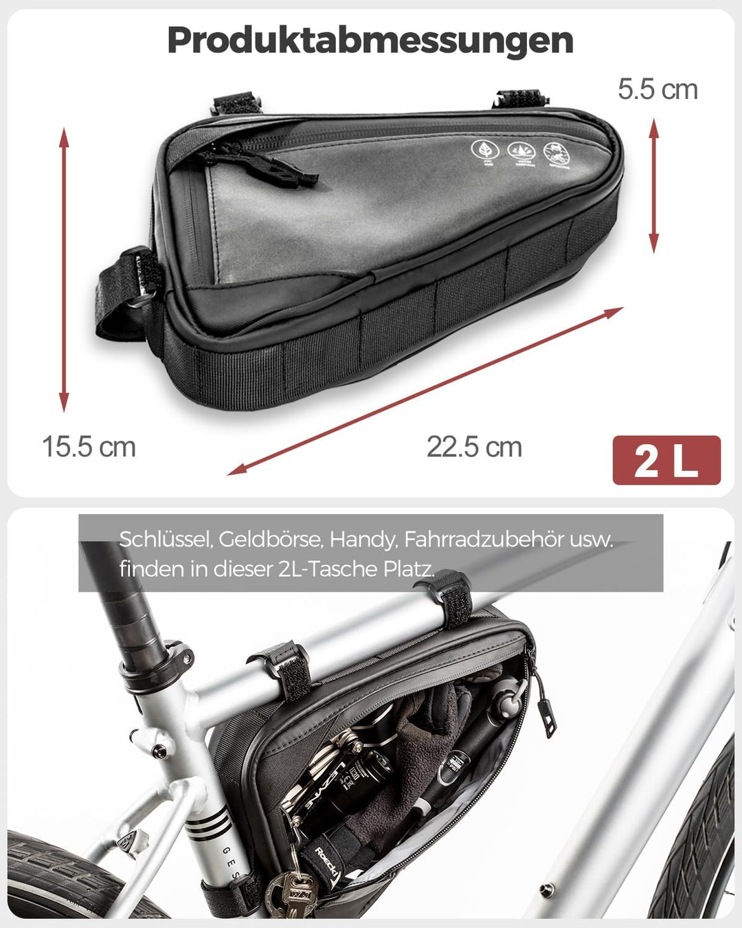 Fahrrad Rahmentasche, Wasserabweisende Dreieckstasche 2L, Fahrradtasche für Rahmen, MTB &amp; Rennrad Zu