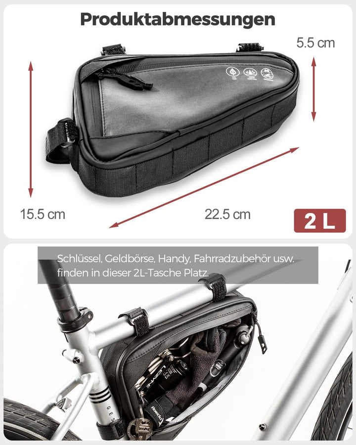 Fahrrad Rahmentasche, Wasserabweisende Dreieckstasche 2L, Fahrradtasche für Rahmen, MTB &amp; Rennrad Zu