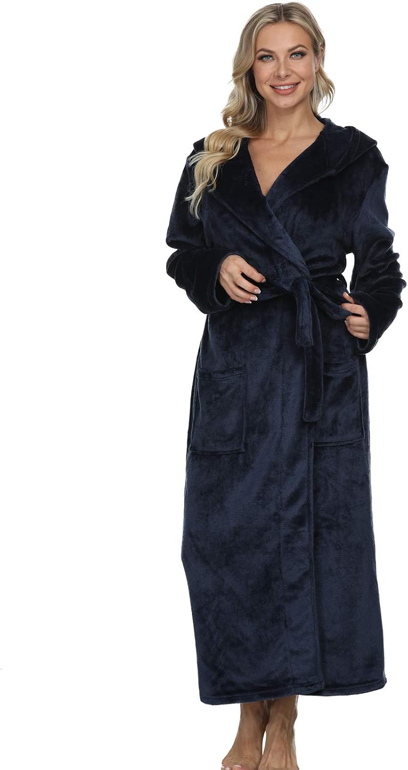 Mnemo Bademantel Damen Lang mit Kapuze Bademantel Damen Frottee Bademantel Damen Flauschig Blau L, B