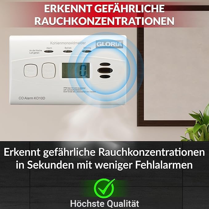 Gloria 2X Kohlenmonoxidmelder KO10D mit 10 Jahren Garantie und fest eingebauter Lithium Batterie