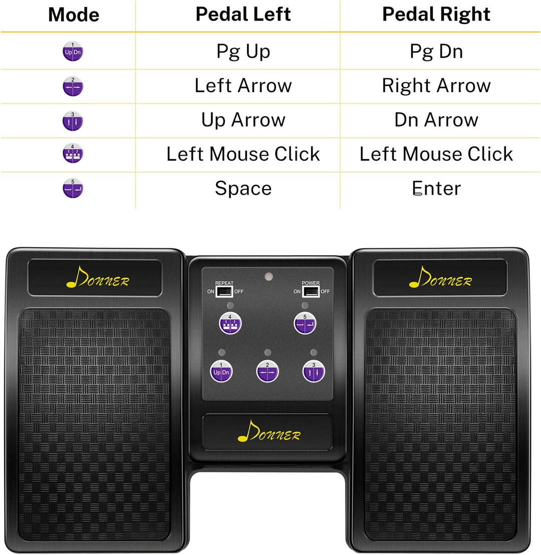 Donner Bluetooth Page Turner Pedal für Tablet Wiederaufladbar, Schwarz, Schwarz
