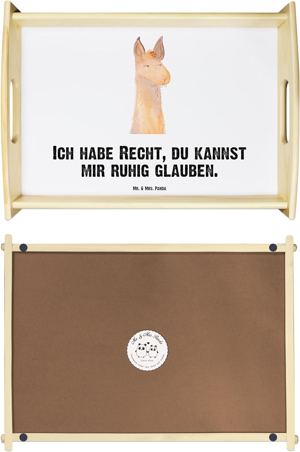 Mr. & Mrs. Panda Serviertablett Lamakopf genervt - Geschenk, Küchentablett, Recht haben, Lamas, Deko