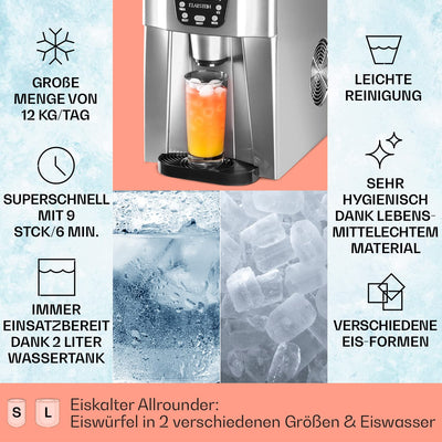 Klarstein Eiswürfelmaschine Klein, 2 L Eiswürfelbereiter & Wasserspender, für 12 kg Grosse und Eiswü