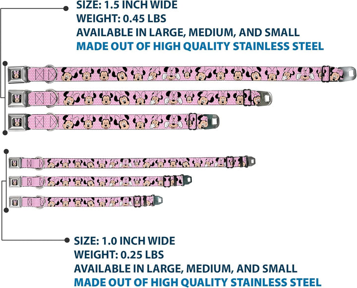 Buckle-Down Seatbelt Buckle Dog Collar - Minnie Mouse Expressions Polka Dot Pink/White - 1" Wide - F