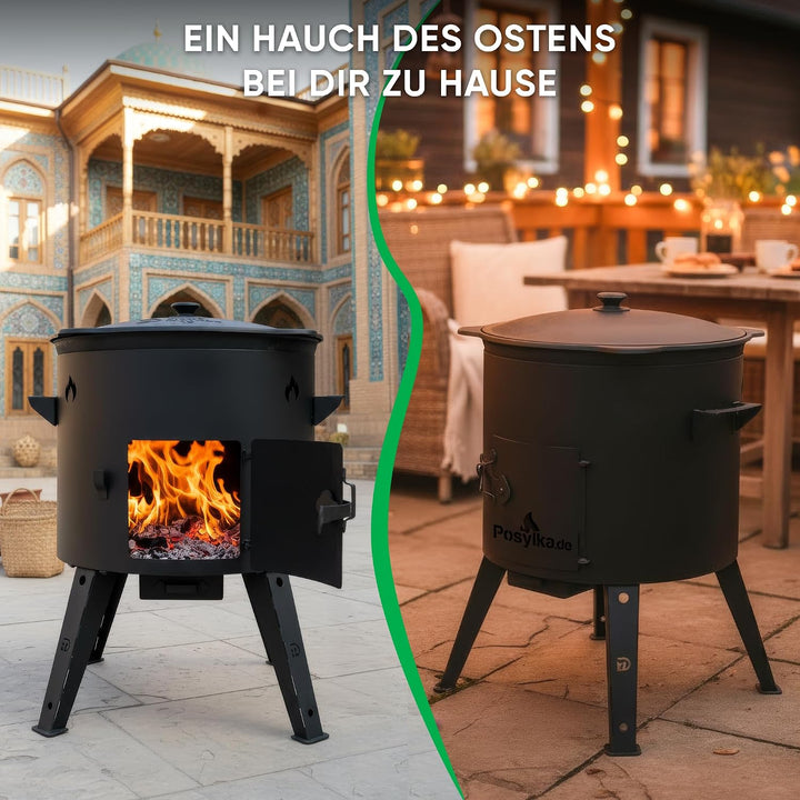 Utschak Feuerofen Ø 44cm mit Usbekisch Kazan Gusseisen 16L | 3x Schaumlöffel | Kasan-Set Flacher Bod