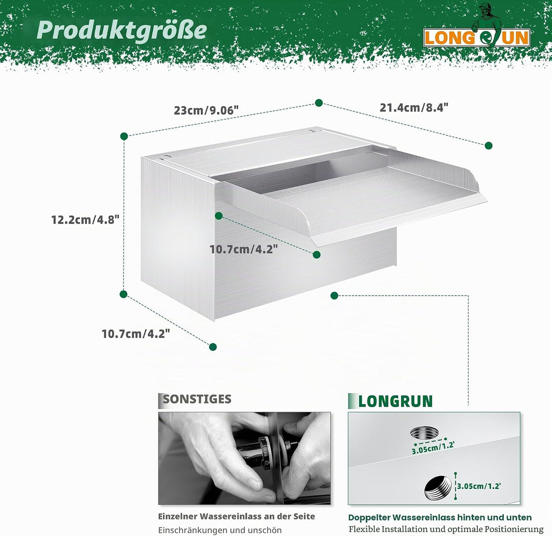 LONGRUN 23cm Teich-Wasserfall,304 Edelstahl Pool-Wasserfall mit Wasserpumpe,7 Farben Bluetooth LED G