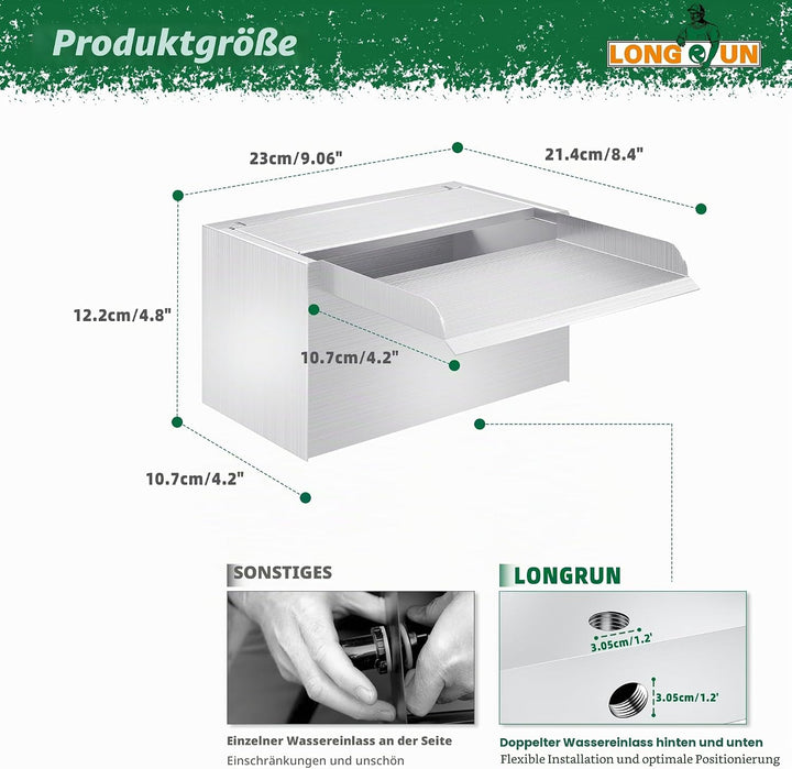 LONGRUN 23cm Teich-Wasserfall,304 Edelstahl Pool-Wasserfall mit Wasserpumpe,7 Farben Bluetooth LED G