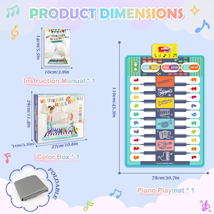 Baby Musikmatte Klaviermatte mit 8 Musikinstrumente, Keyboard Kinder Tanzmatte, Doppelte Piano Matte