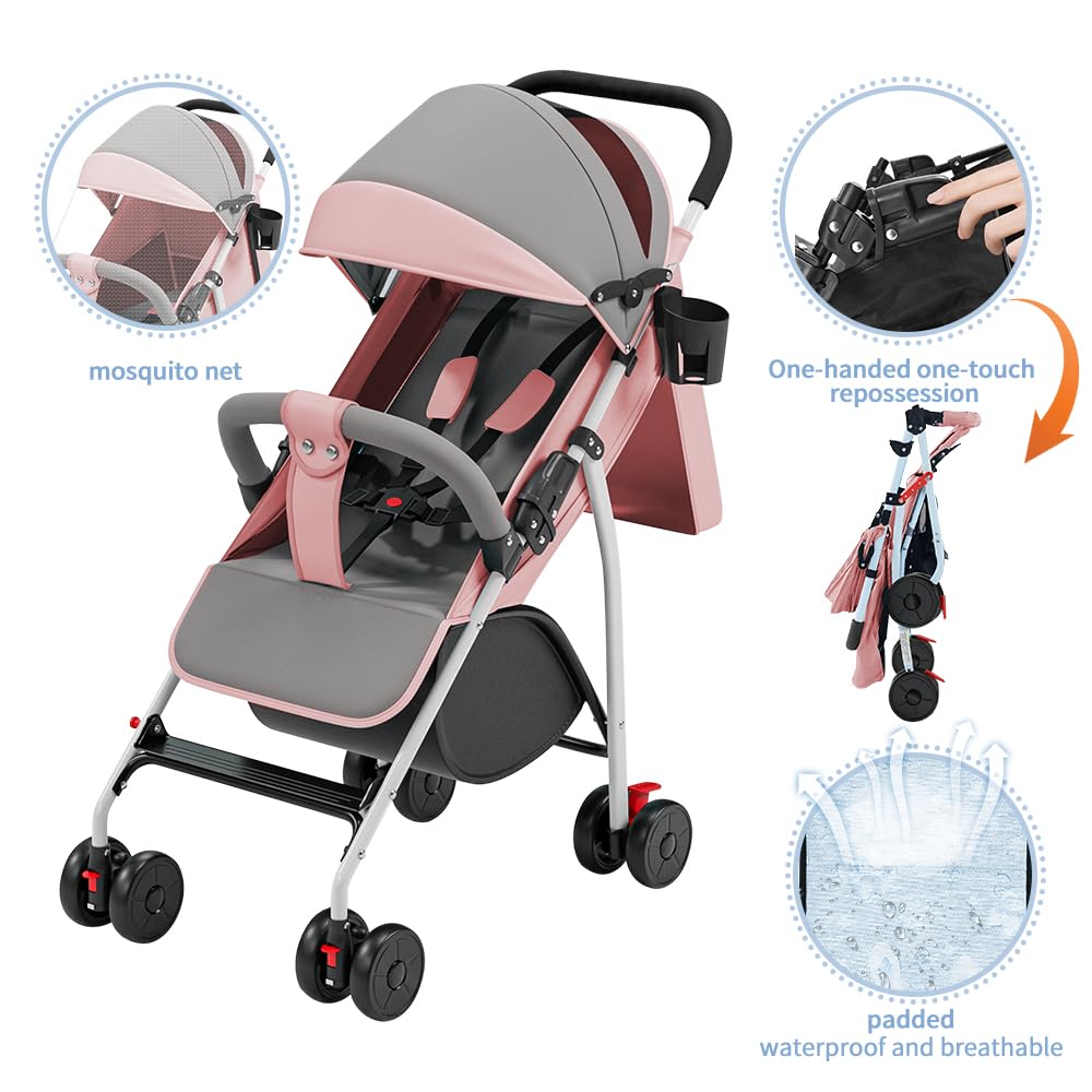 Kinderwagen Buggy Liegefunktion, Leichter 4-Rad Buggy ab 0–4 Jahre, Verstellbare Rückenlehne, Klein