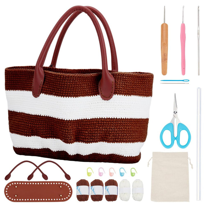ORIGACH Dunkelbraun Gestreifte Häkelset Tasche Mit PU Lederband Und Boden Komplettes Häkelset Zum He