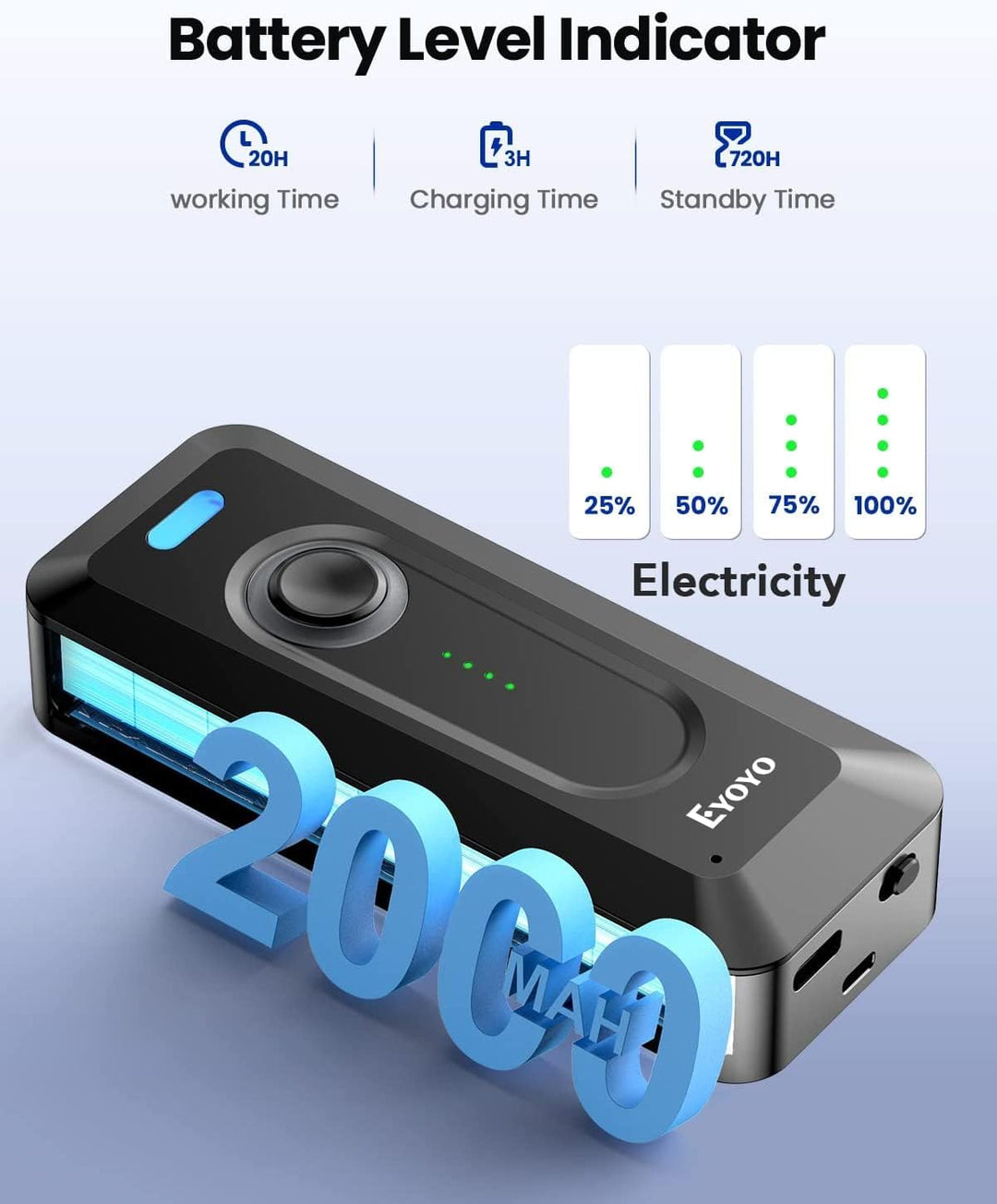 Eyoyo 2D Bluetooth Barcode Scanner mit Klipp, 2000mAh Akku mit Füllstandsanzeige, tragbarer Mini Wir