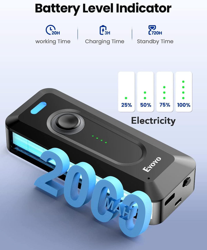 Eyoyo 2D Bluetooth Barcode Scanner mit Klipp, 2000mAh Akku mit Füllstandsanzeige, tragbarer Mini Wir