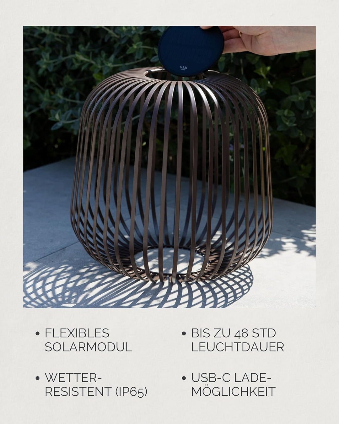 LUUK Studio Outdoor LED Solar Laterne, Terrassenlampe mit Solar- und USB-Aufladung, wetterfest IP65,