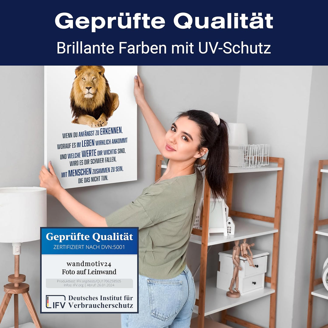 wandmotiv24 Motivations Motiv als Leinwandbild, 100x75cm, Hochformat, Leben, Werte, Menschen, Löwe,