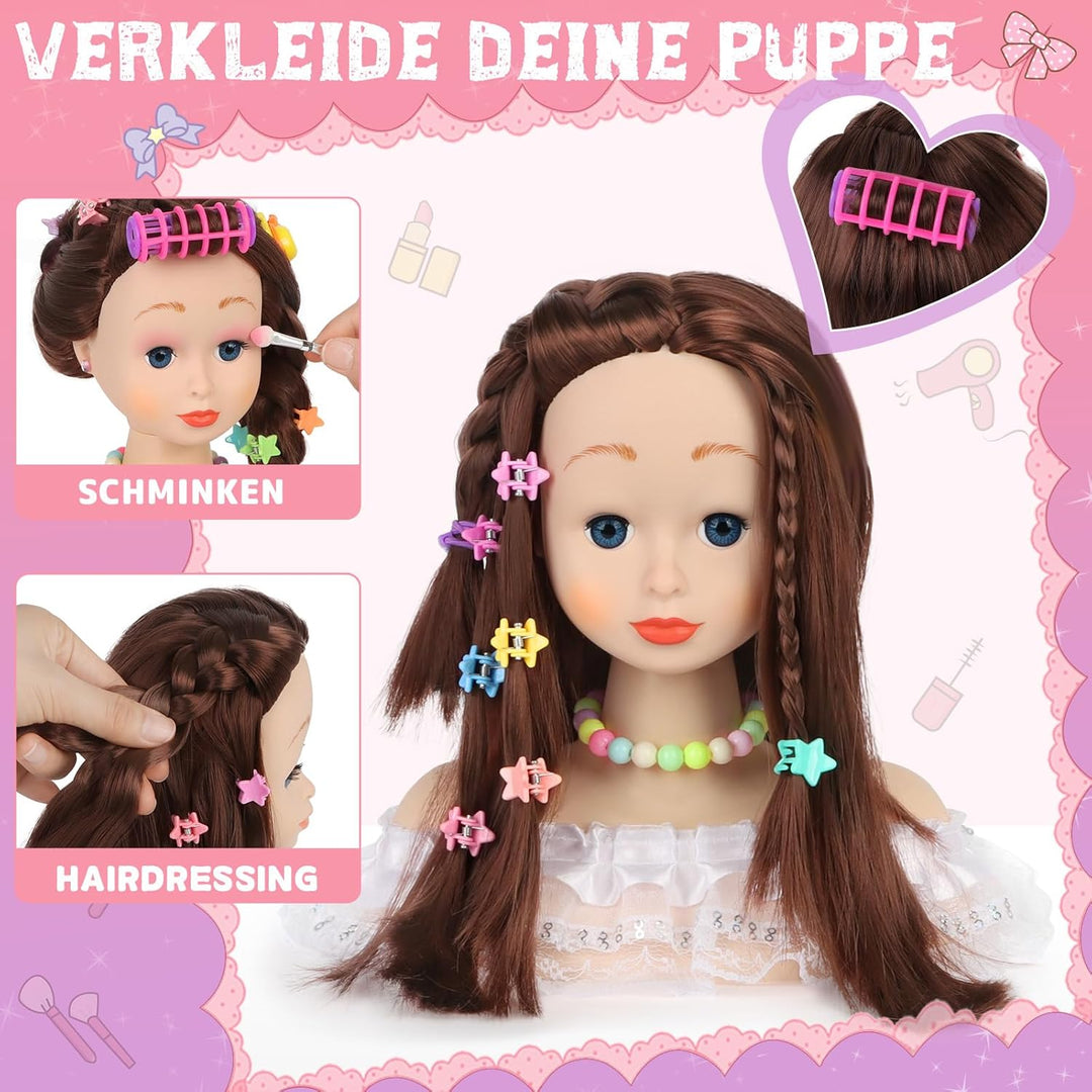 Frisierkopf Kinder Set, 66 Stück Schminkkopf für Mädchen Waschbar, Puppenkopf Zum Frisieren Kinder m