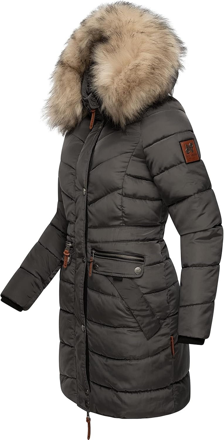 Navahoo Damen Wintermantel Warmer Steppmantel lang mit Abnehmbarer Kunstfell-Kapuze Paula XS-5XL XXL