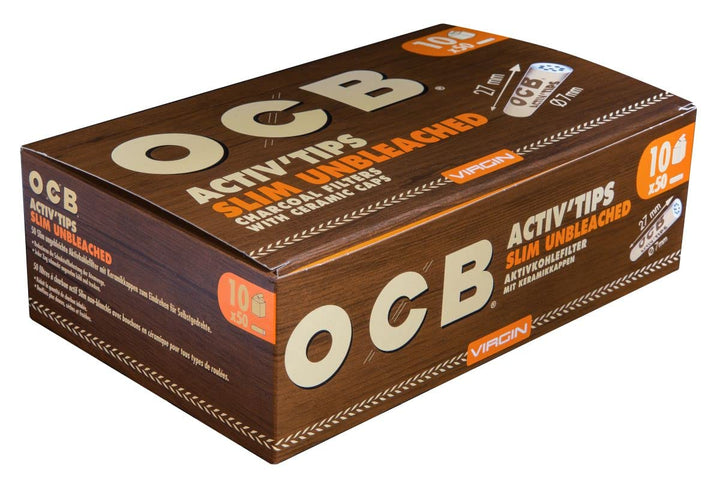 OCB 19823 ActivTips Slim Unbleached-7 mm-Virgin-Aktivkohlefilter mit Keramikkappen-10 x 50 500 Stück