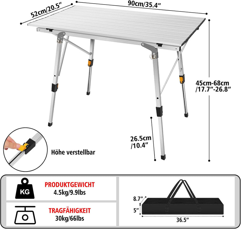 Yiyai Campingtisch Faltbar Höhenverstellbar 45cm/68cm, 90 x 53cm(B x T), Klapptisch Camping Tisch mi