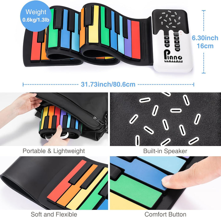 POGOLAB 49 Tasten Roll up Faltbares Piano Klavier für Anfänger, Regenbogen Electronic Keyboards mit