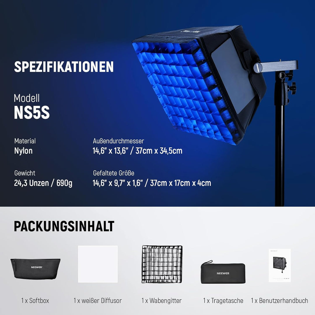 NEEWER verbesserter Softbox für RGB1200 LED Video Lichtpaneel, 14,6 x 13,6 Zoll, faltbar mit Gitter/