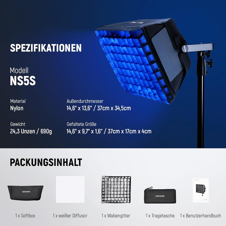 NEEWER verbesserter Softbox für RGB1200 LED Video Lichtpaneel, 14,6 x 13,6 Zoll, faltbar mit Gitter/