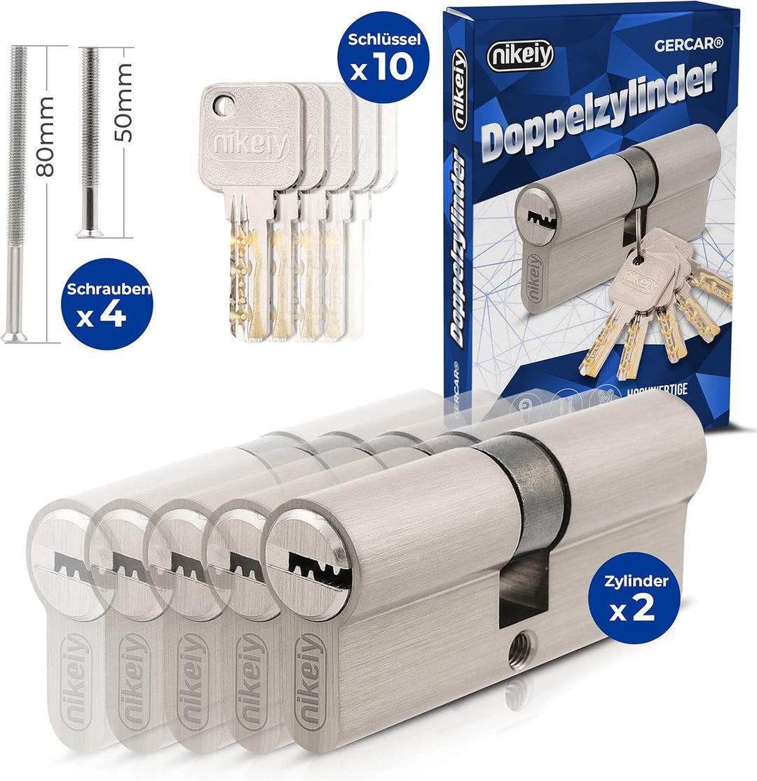 GERCAR Pro 2x Schliesszylinder 30/30 gleichschliessend Set 2 Profilzylinder inkl. 10 Schlüssel - 60