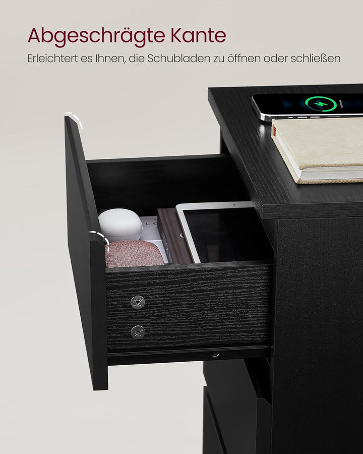 VASAGLE Kailyn Kollektion - Nachttisch mit Steckdosenleiste, 2er Set, Beistelltisch, 3 Schubladen, 2