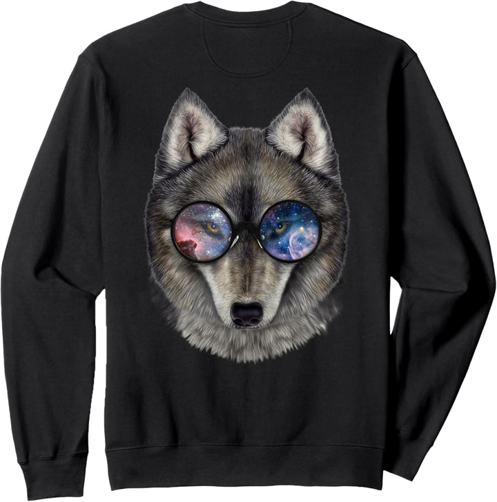 Grauer Wolf, die Raumgalaxiensonnenbrille trägt Sweatshirt