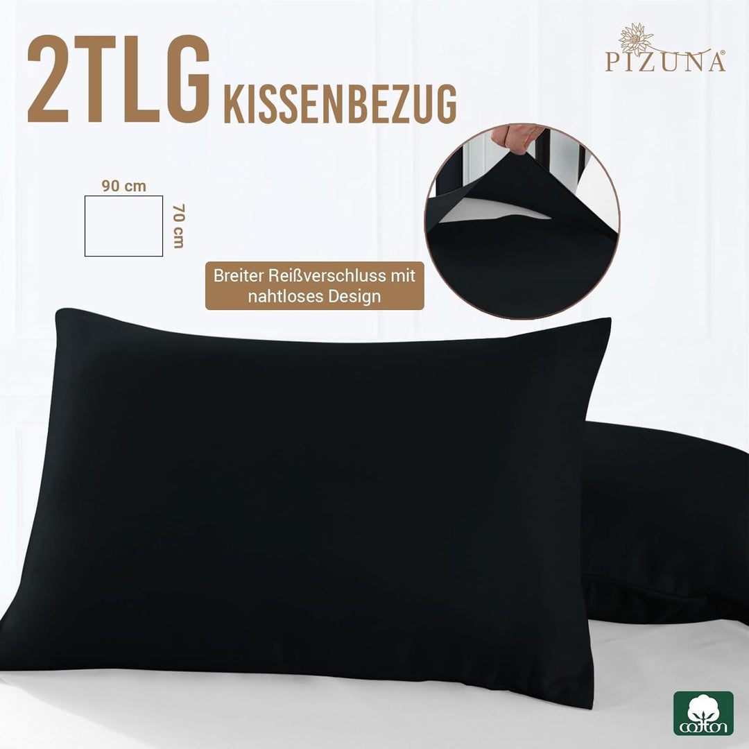 Pizuna Luxuriöser Soft-Satin 2er Pack Kissenbezug 70 x 90 cm Schwarz, 800 Fadenzahl Baumwolle Kissen
