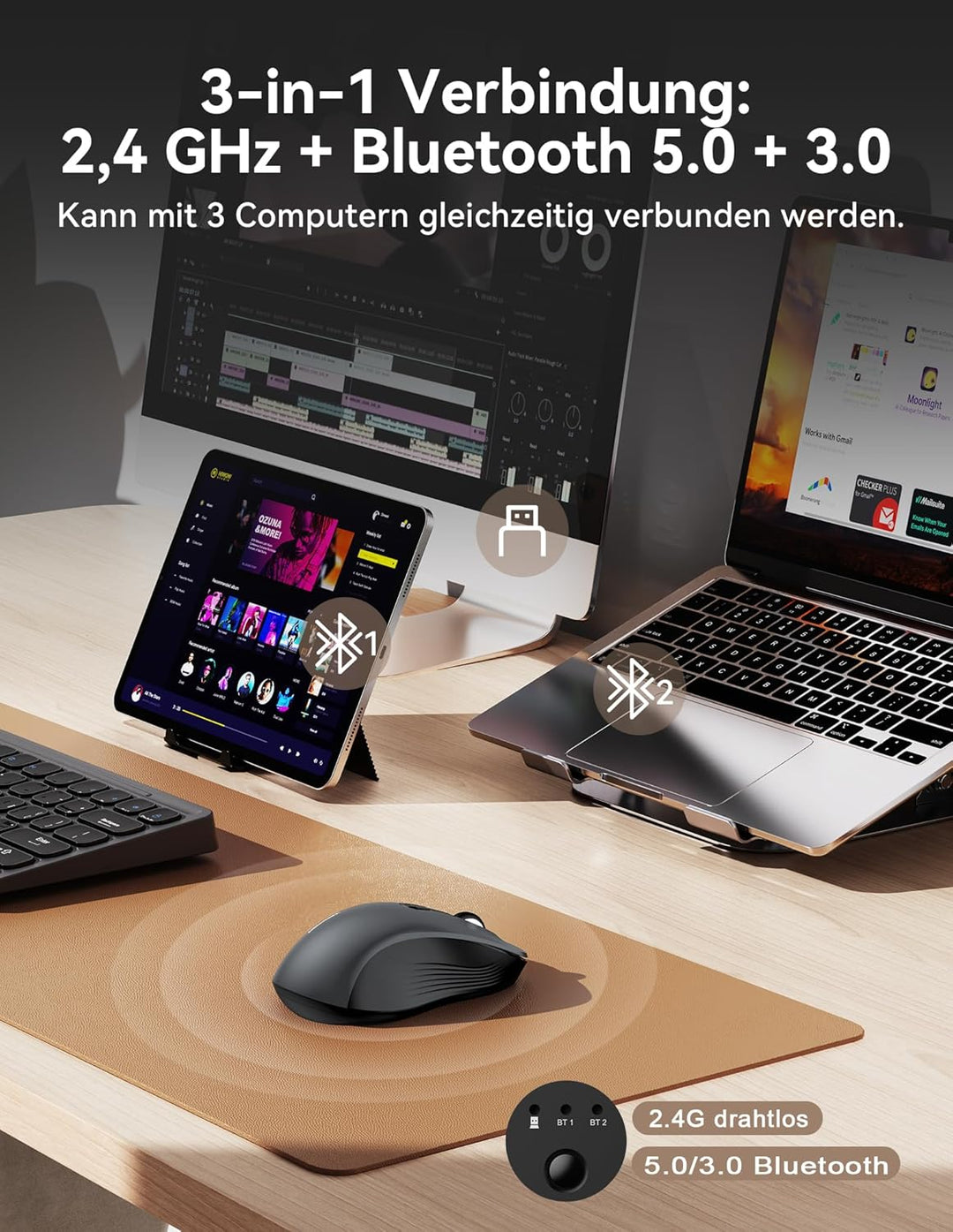TECKNET Maus Kabellos, Bluetooth Maus (Tri-Modus: BT 5.0/3.0+2.4G) Funkmaus mit USB-A Empfänger, 480