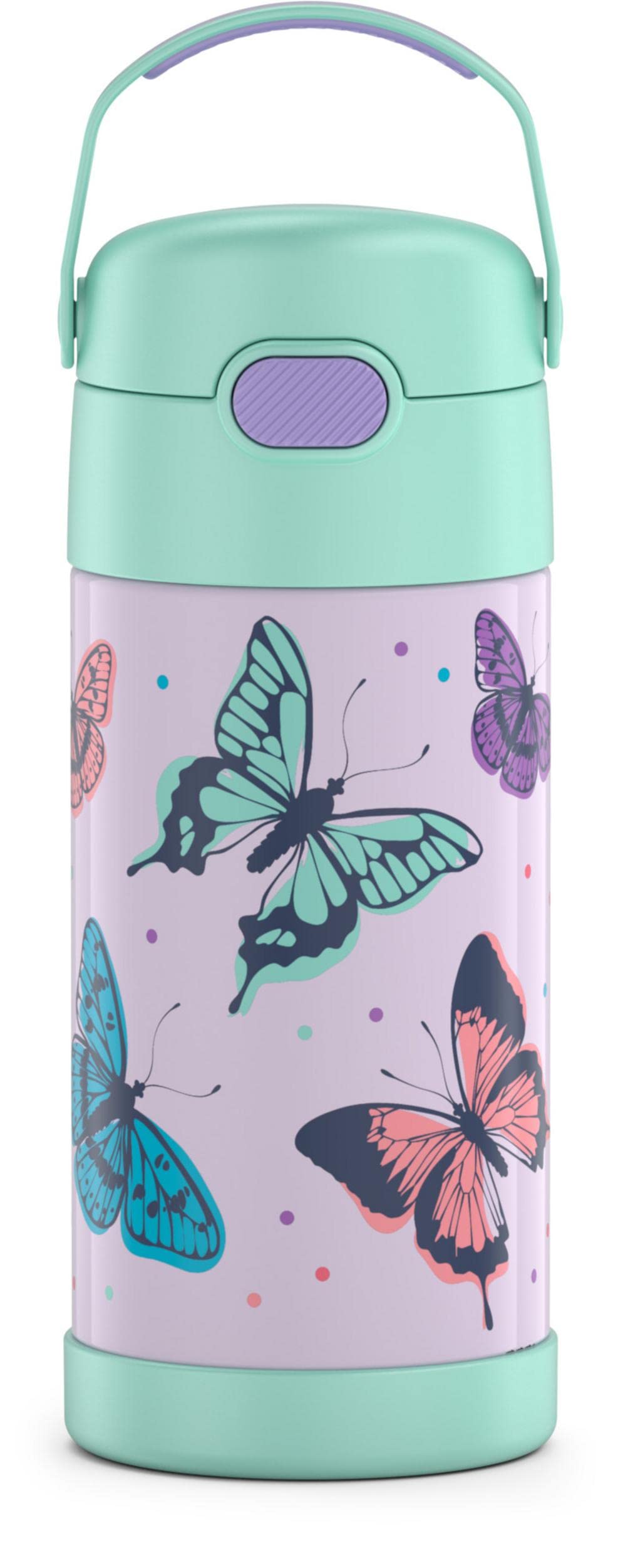 THERMOS Funtainer Kinder-Strohhalmflasche, Edelstahl, vakuumisoliert, 340 ml, Schmetterlingsfrenzy F