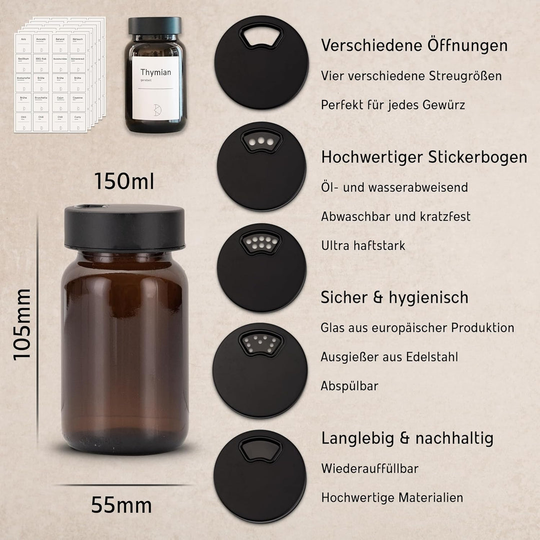 12 Stück Gewürzgläser – Premium Gewürzglas aus Braunglas | Gewürzstreuer Set | Gewürzdosen mit Decke