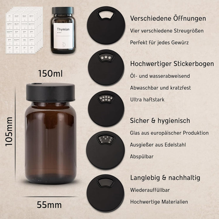 12 Stück Gewürzgläser – Premium Gewürzglas aus Braunglas | Gewürzstreuer Set | Gewürzdosen mit Decke
