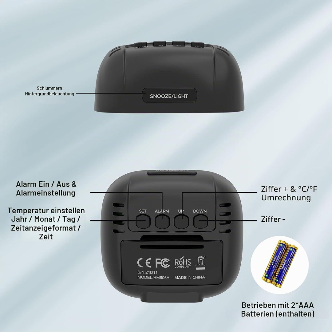 Wecker Digital, Wecker Batteriebetrieben Bettseite - Tischuhren mit Temperaturanzeige, Schlummerfunk