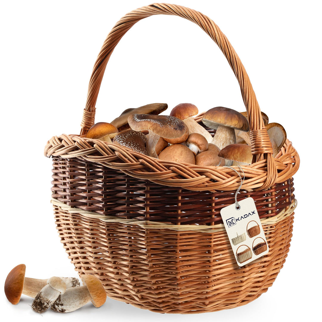 KADAX Weidenkorb für Pilze, Ovaler Korb zum Einkaufen, robuster Picknickkorb mit dem Henkelgriff, Fl