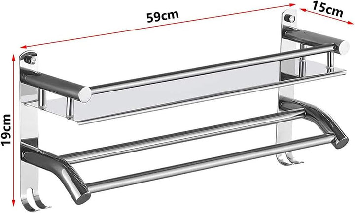 HONPHIER®Handtuchhalter Chrom Handtuchstangen Edelstahl mit Regal und Haken Handtuchstange Bad 59 cm