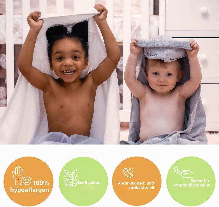Baby Handtuch mit Kapuze, 100% Bambus, sehr saugfähig, natürlicher UV-Schutz, Bambus-Waschlappen Glü
